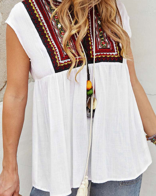 Tassel Tie Neck Ethnic Print Blouse
