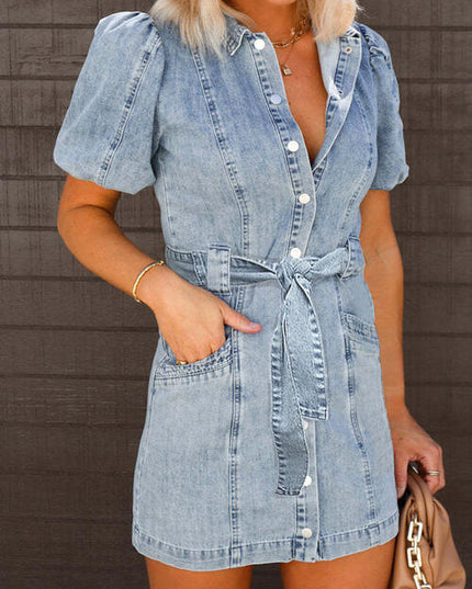 Puff Sleeve Button Up Mini Denim Dress