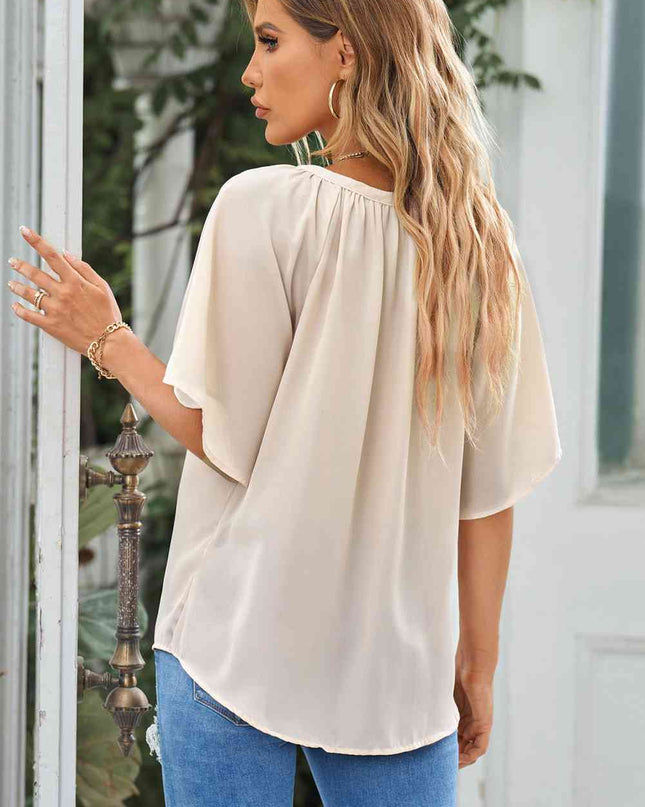 Gathered Detail Notched Neck Flutter Sleeve Top