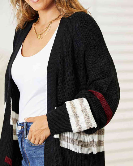 Double Take Striped Rib-Knit Drop Shoulder Open Front Cardigan