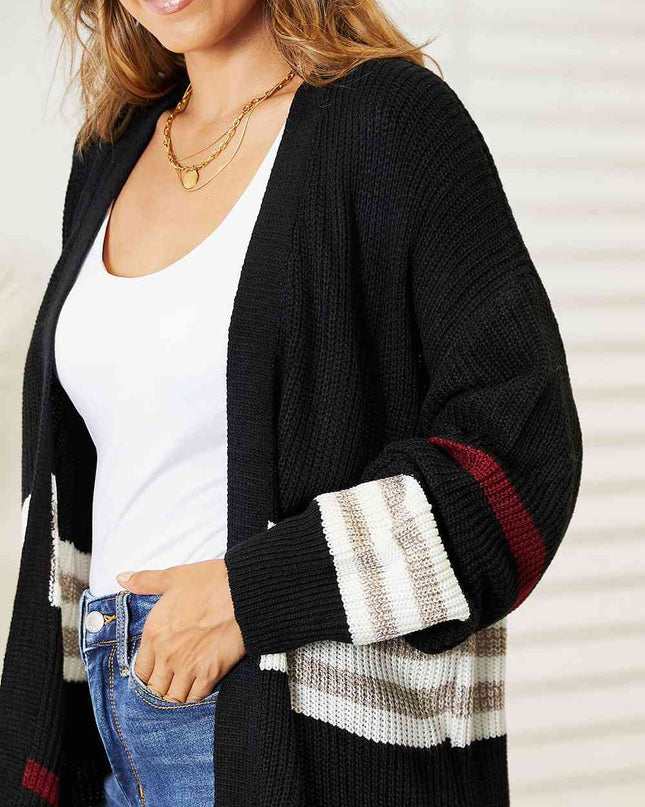 Double Take Striped Rib-Knit Drop Shoulder Open Front Cardigan