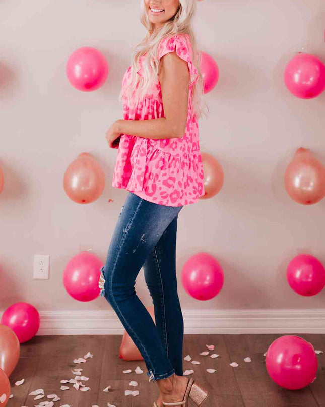 Leopard Round Neck Tiered Blouse