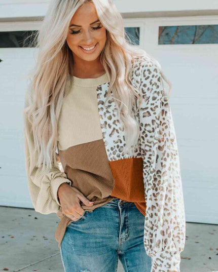 Color Block Leopard Round Neck Sweatshirt