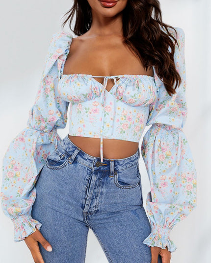 Double Take Cropped Sweetheart Neck Bubble Sleeve Blouse