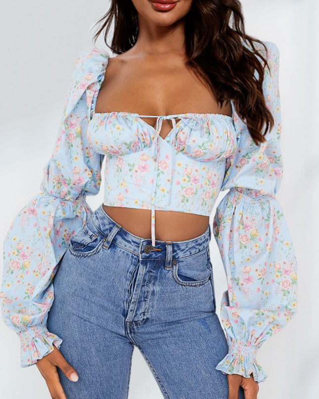 Double Take Cropped Sweetheart Neck Bubble Sleeve Blouse