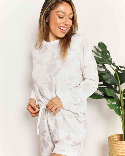 Double Take Floral Long Sleeve Top and Shorts Loungewear Set