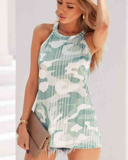 Camouflage Grecian Neck Sleeveless Top