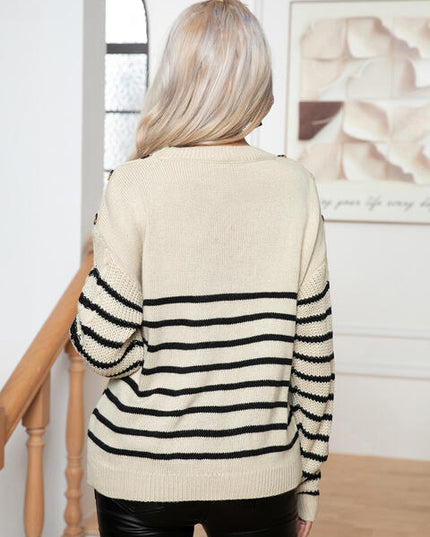 Striped Round Neck Cable-Knit Sweater