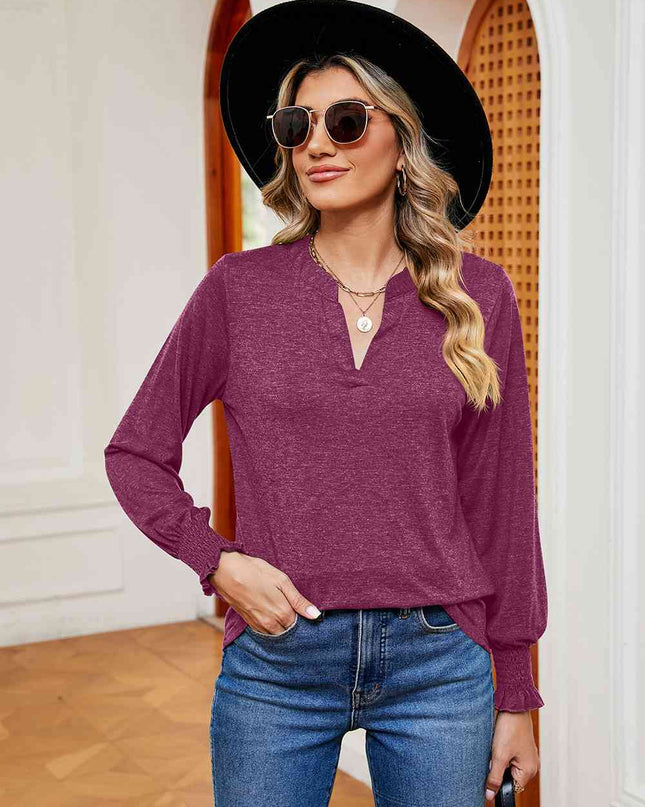 Notched Neck Long Sleeve Blouse