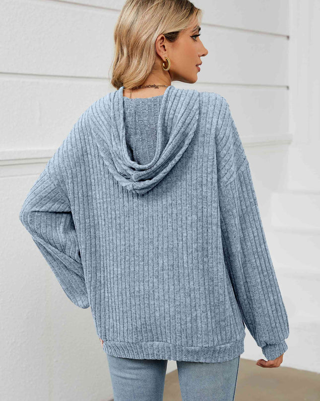 Drawstring Dropped Shoulder Ribbed Hoodie