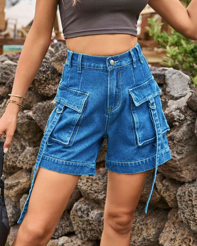 High Waist Denim Cargo Shorts