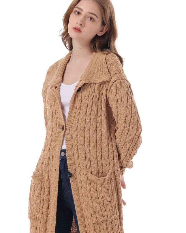 Cable-Knit Collared Neck Cardigan with Pockets