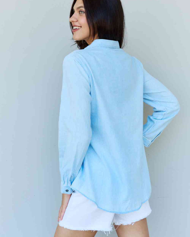 Doublju Blue Jean Baby Denim Button Down Shirt Top in Light Blue