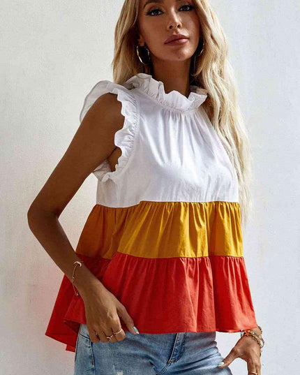 Ruffle Trim Mock Neck Sleeveless Color Block Tank Top