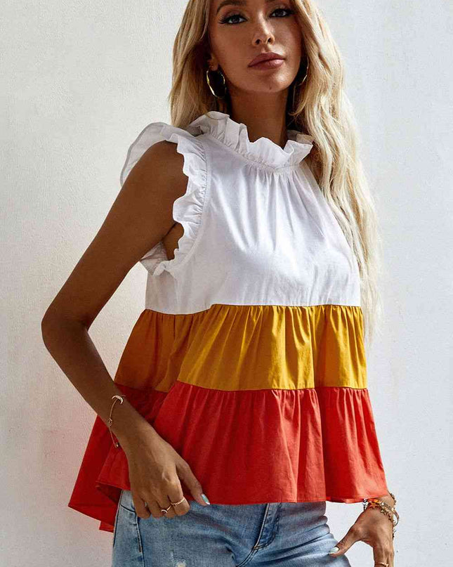 Ruffle Trim Mock Neck Sleeveless Color Block Tank Top