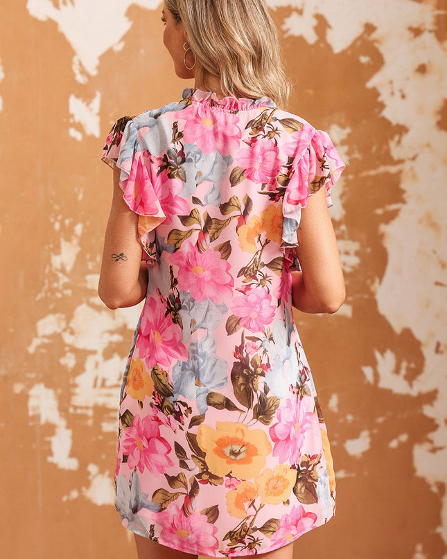 Floral Tie Neck Flutter Sleeve Dress
