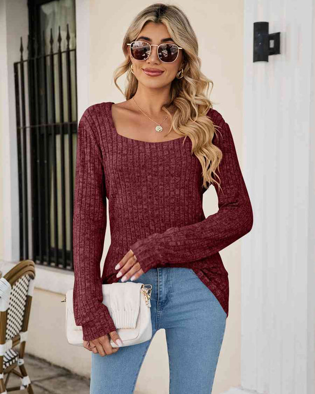 Square Neck Ribbed Long Sleeve T-Shirt