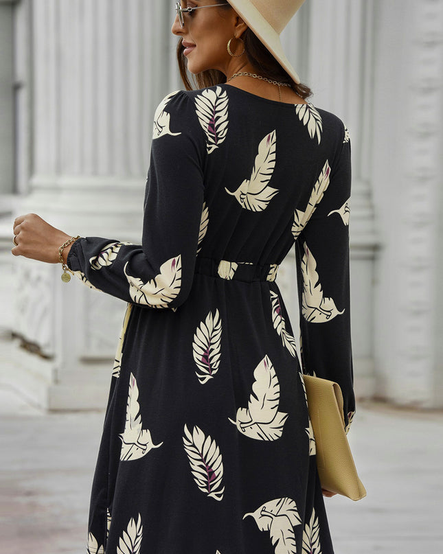 Printed Buttoned Long Sleeve Slit Dress