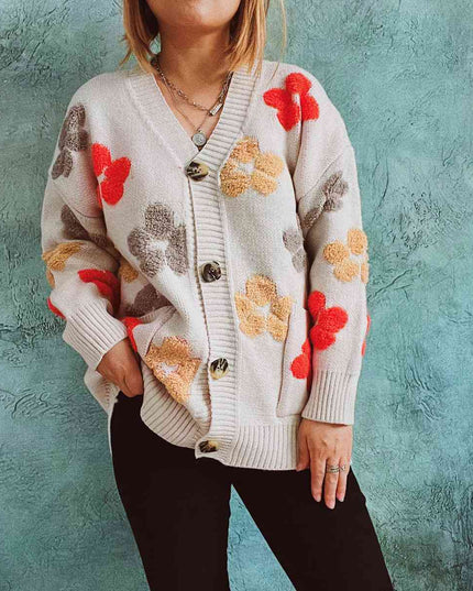 Floral V-Neck Button Up Cardigan with Pockets