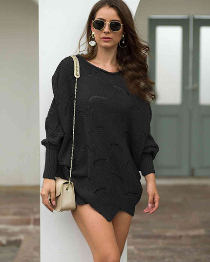 Full Size Boat Neck Lantern Sleeve Openwork Knit Top