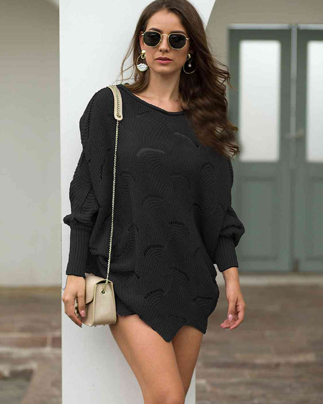 Full Size Boat Neck Lantern Sleeve Openwork Knit Top