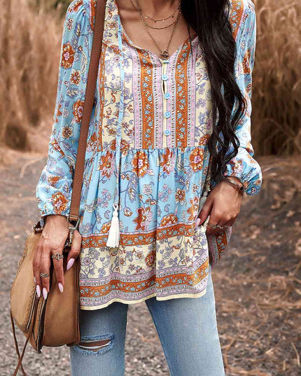 Tassel Tie Long Sleeve Peplum Blouse