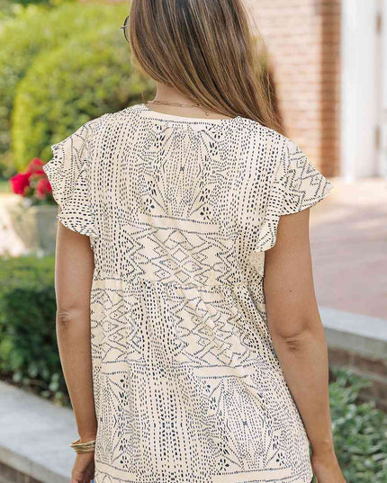 Embroidered Printed Flutter Sleeve Blouse