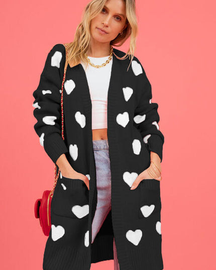 Heart Graphic Open Front Cardigan with Pockets