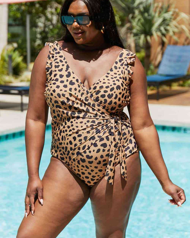 Marina West Swim Full Size Float On Ruffle Faux Wrap One-Piece in Leopard