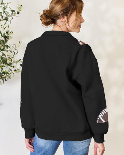 Double Take Full Size Sequin Football Half Zip Long Sleeve Sweatshirt