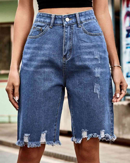 Raw Hem High Waist Denim Shorts with Pockets