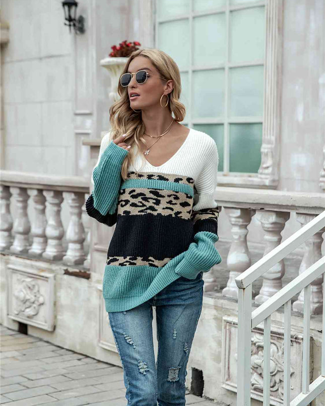 Leopard Color Block V-Neck Sweater