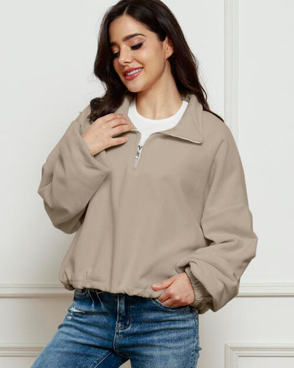Half-Zip Collared Drop Shoulder Fleece Sweatshirt