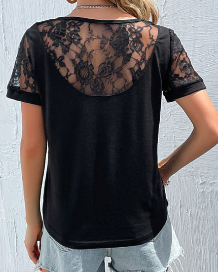 Spliced Lace Round Neck Short Sleeve Top