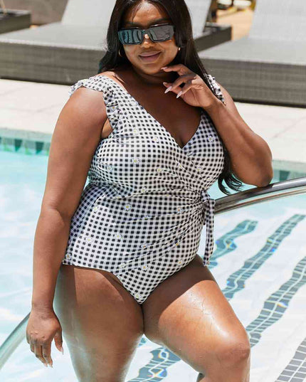 Marina West Swim Full Size Float On Ruffle Faux Wrap One-Piece in Black