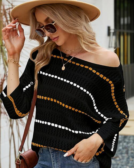 Eyelet Striped Round Neck Knit Top