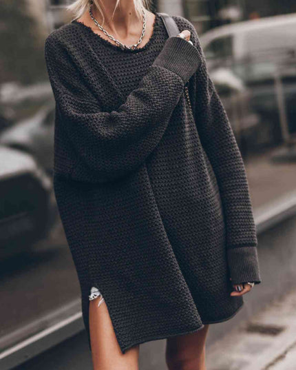 Openwork Round Neck Long Sleeve Slit Sweater