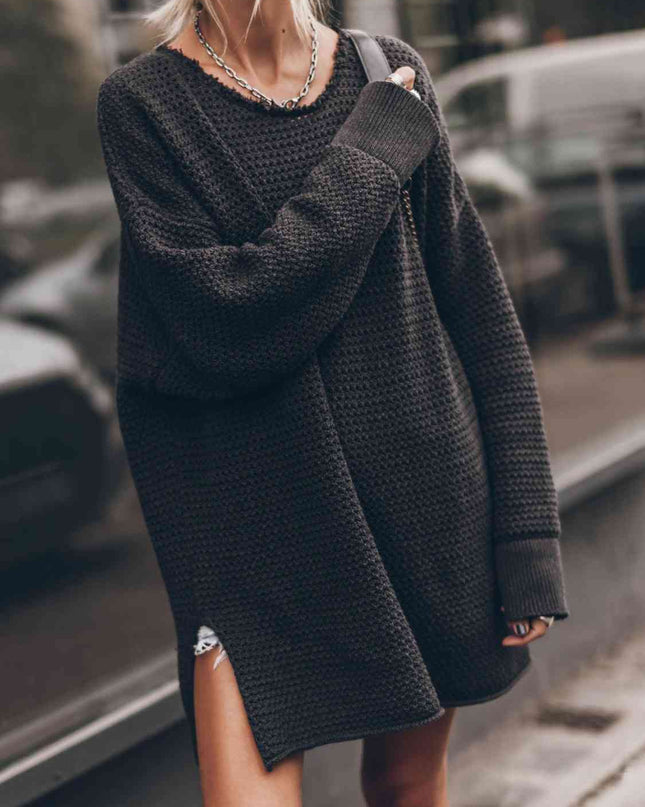 Openwork Round Neck Long Sleeve Slit Sweater