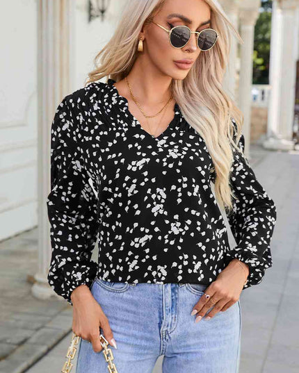 Double Take Printed Notched Neck Smocked Blouse