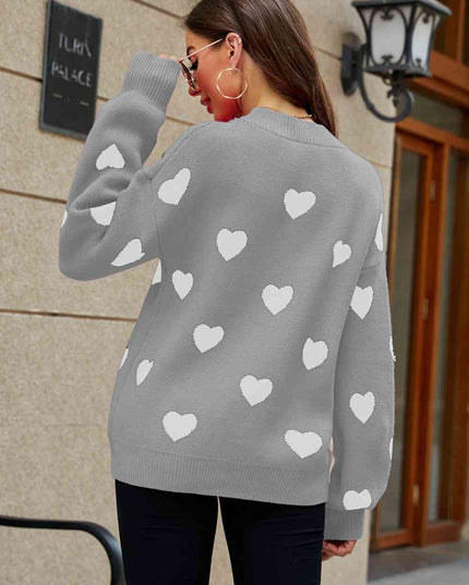 Woven Right Heart Pattern Lantern Sleeve Round Neck Tunic Sweater