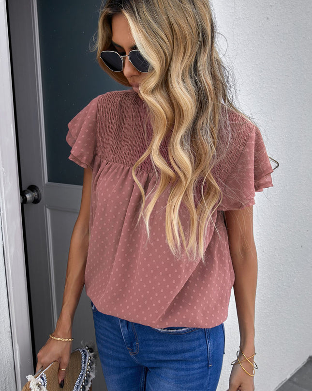 Polka Dot Smocked Flutter Sleeve Blouse