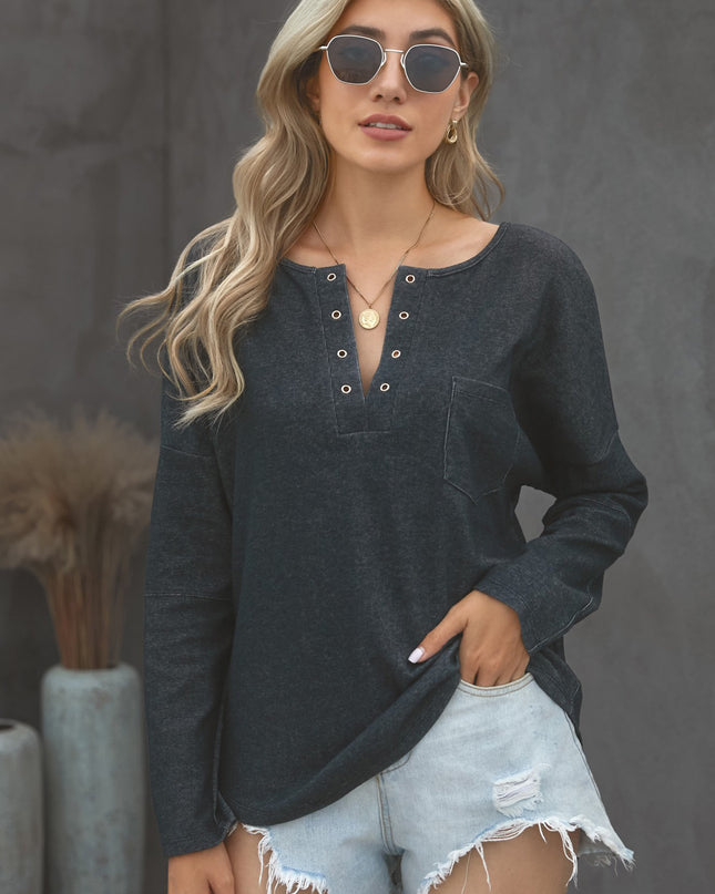 Grommet Long Sleeve V-Neck Top