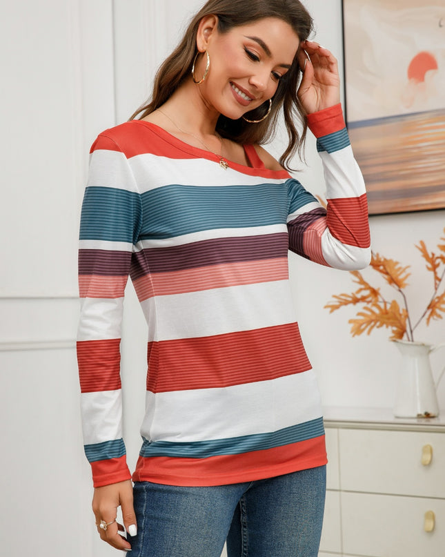Striped Asymmetrical Neck Long Sleeve T-Shirt