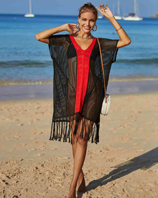 Contrast Fringe Trim Openwork Cover-Up Dress