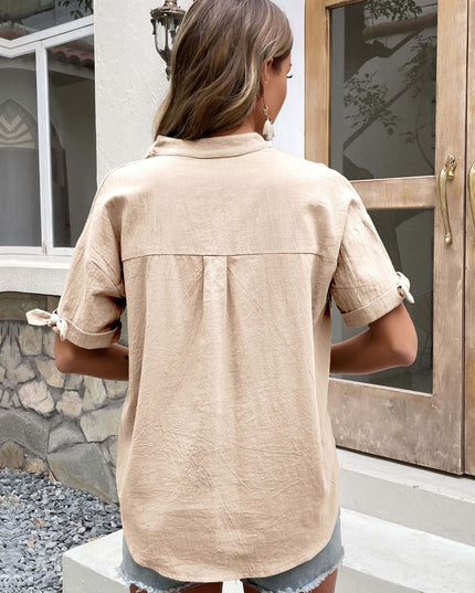 Buttoned Notched Neck Cuffed Sleeve Blouse