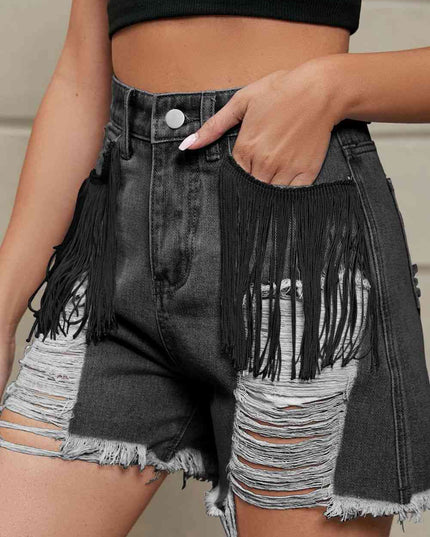 Fringe Trim Distressed Denim Shorts with Pockets