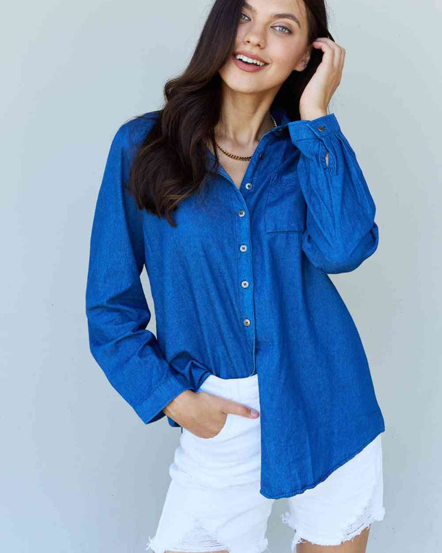 Doublju Blue Jean Baby Denim Button Down Shirt Top in Dark Blue