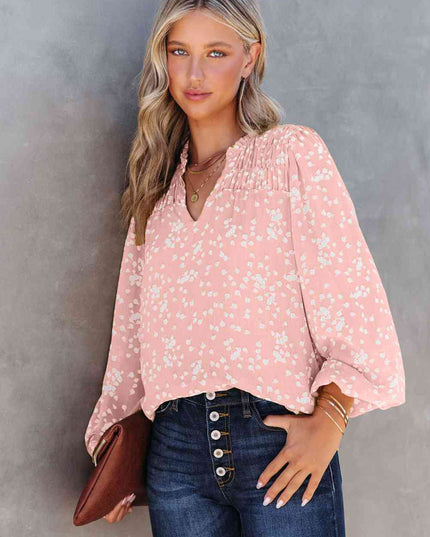 Double Take Printed Notched Neck Smocked Blouse