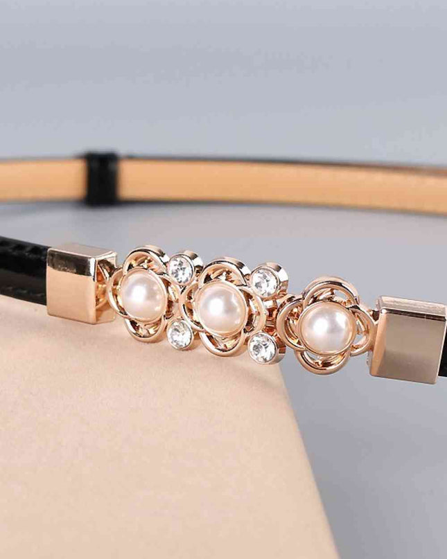 Rhinestone Flower Adjustable PU Leather Belt