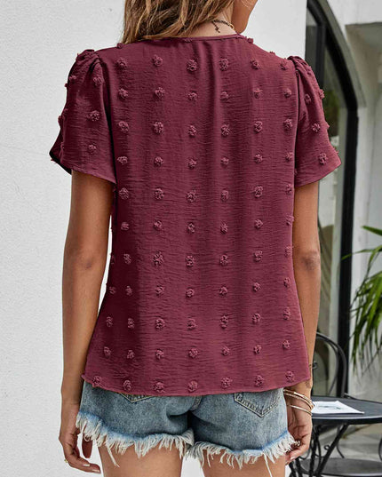 Swiss Dot Round Neck Petal Sleeve Top